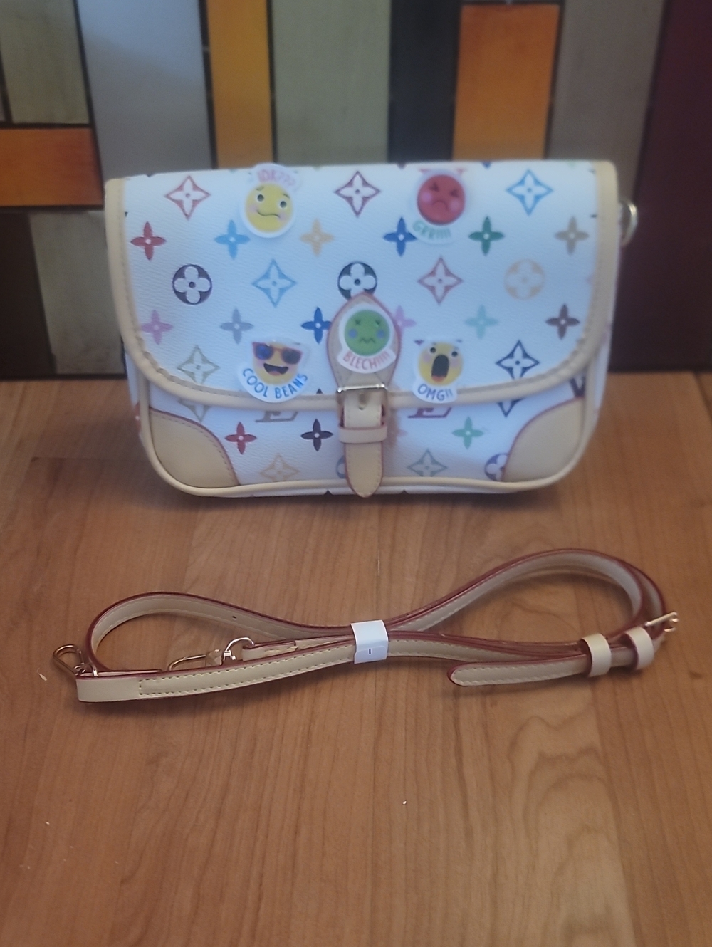 White Multicolor Emoji Print Crossbody Bag
